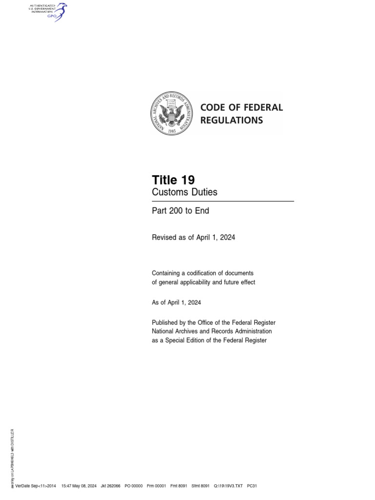 Title 19 Customs Duties Overview | PDF | Code Of Federal Regulations ...