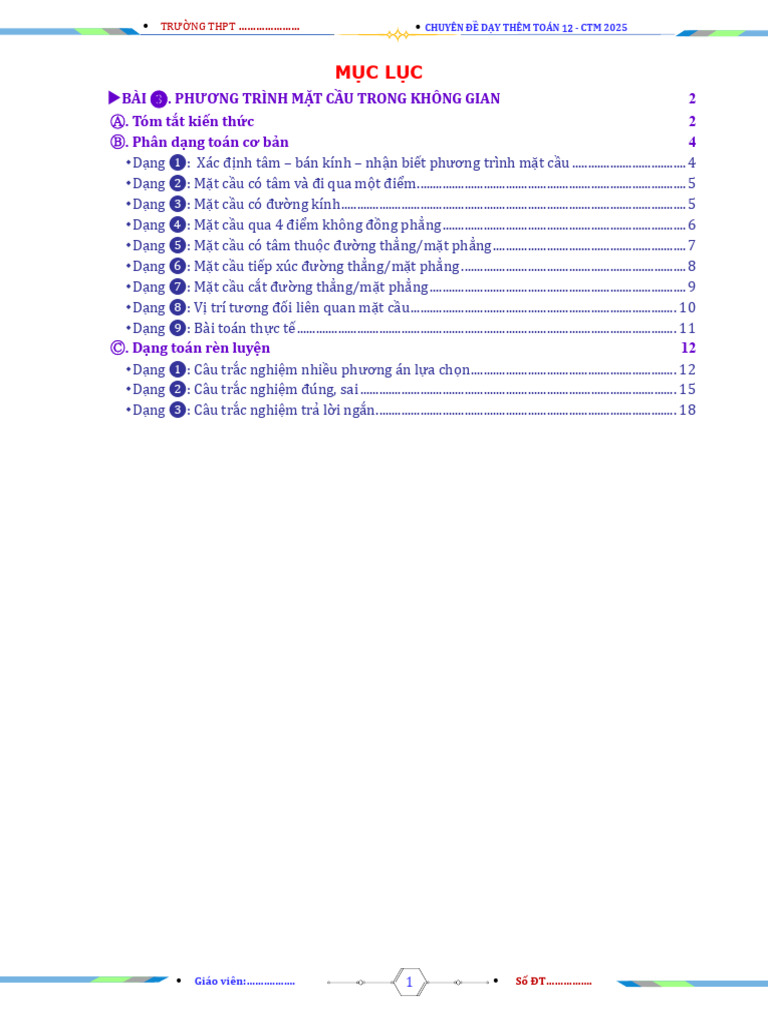c5-b3-Phuong Trinh Mat Cau Trong Khong Gian - k12 - Hs | PDF