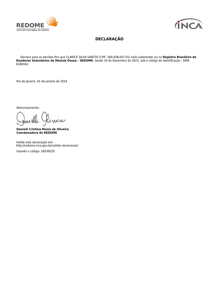 Declaração de Cadastro no REDOME | PDF