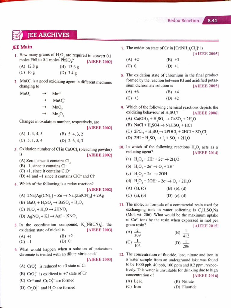 JEE Chemistry Redox Reaction Questions | PDF | Acid | Chromium