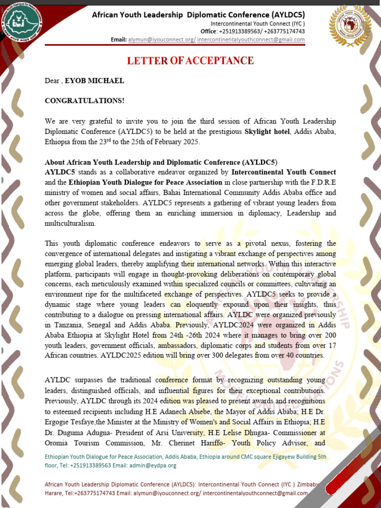 Eyob Michael - Letter of Acceptance - Continental Diplomatic Conference ...