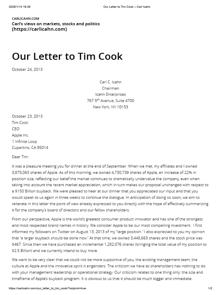 Our Letter To Tim Cook - Carl Icahn11 | PDF | Share Repurchase | Investing