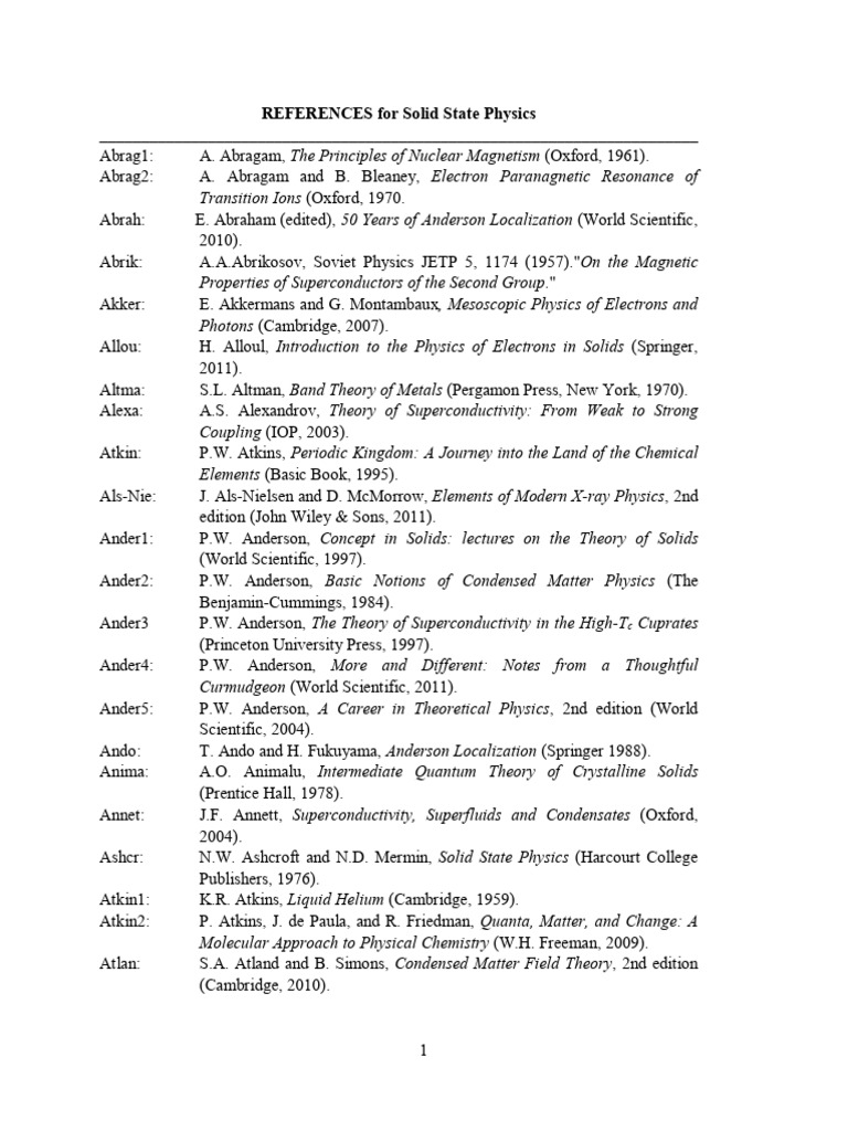 Solid State Physics References List | PDF | Condensed Matter Physics ...