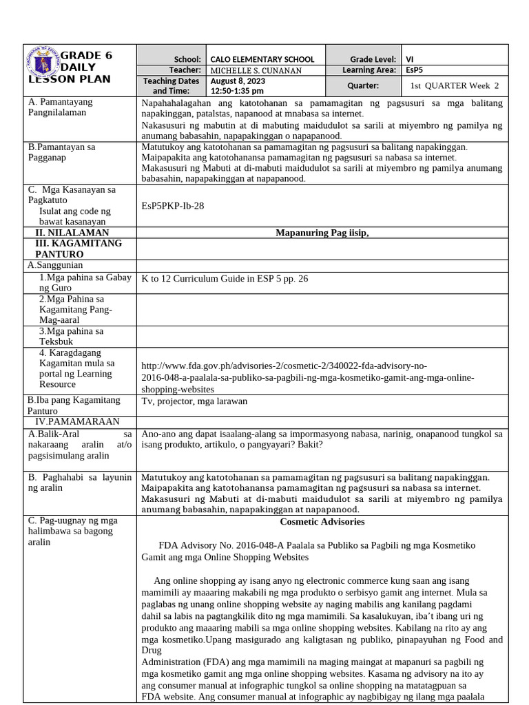 Grade 6 Daily Lesson Plan | PDF