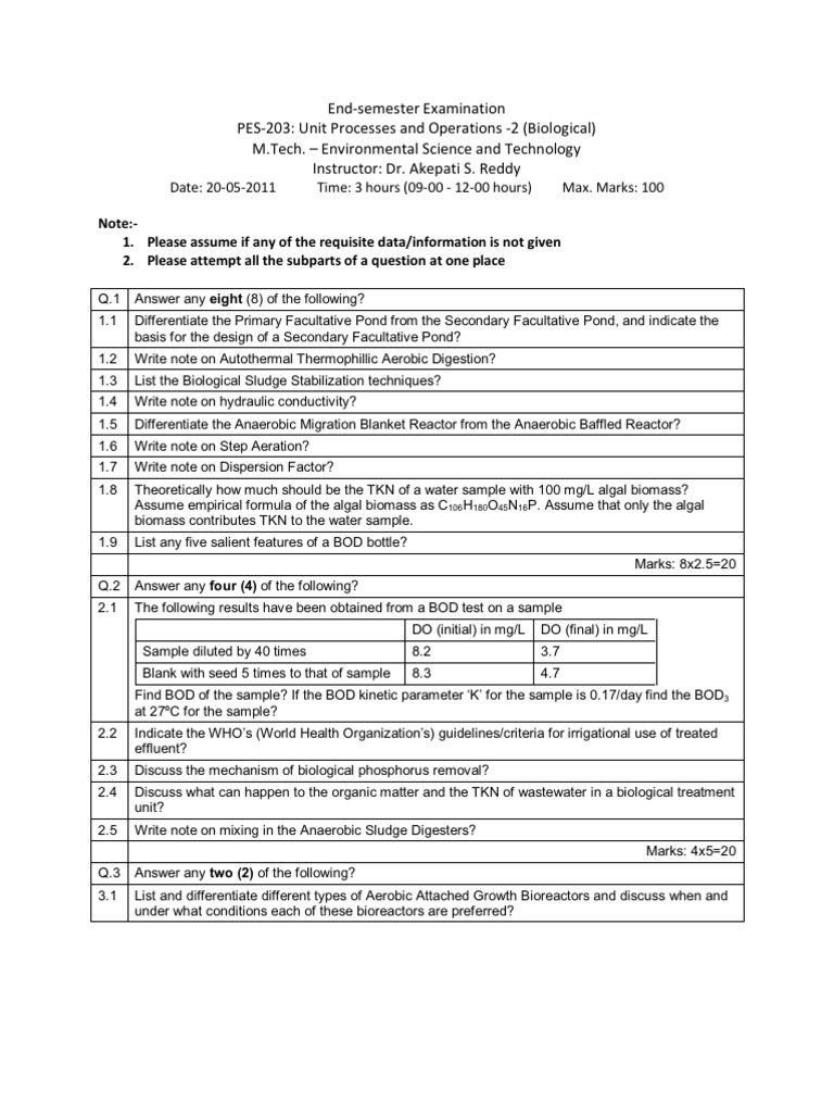 Biological Wastewater Treatment (UPO2) Question Papers PDF