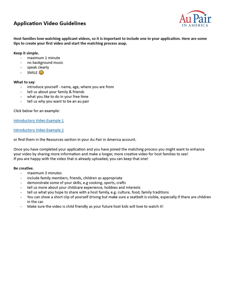 Au Pair Application Video Tips | PDF