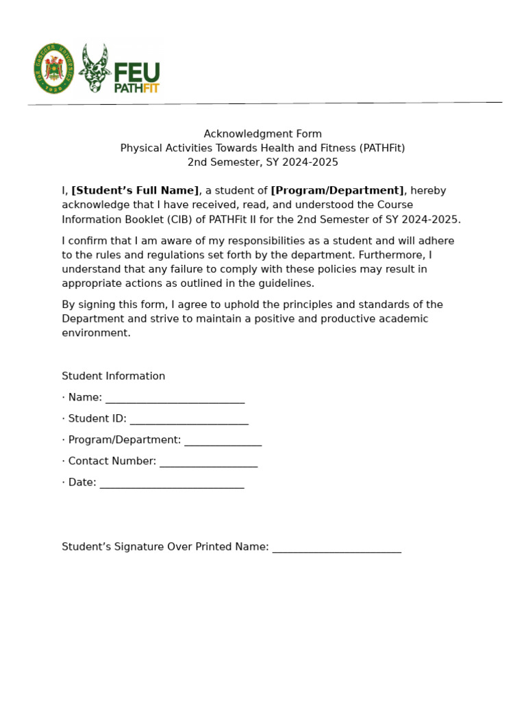 PATHFit II Acknowledgment Form 2024-2025 | PDF