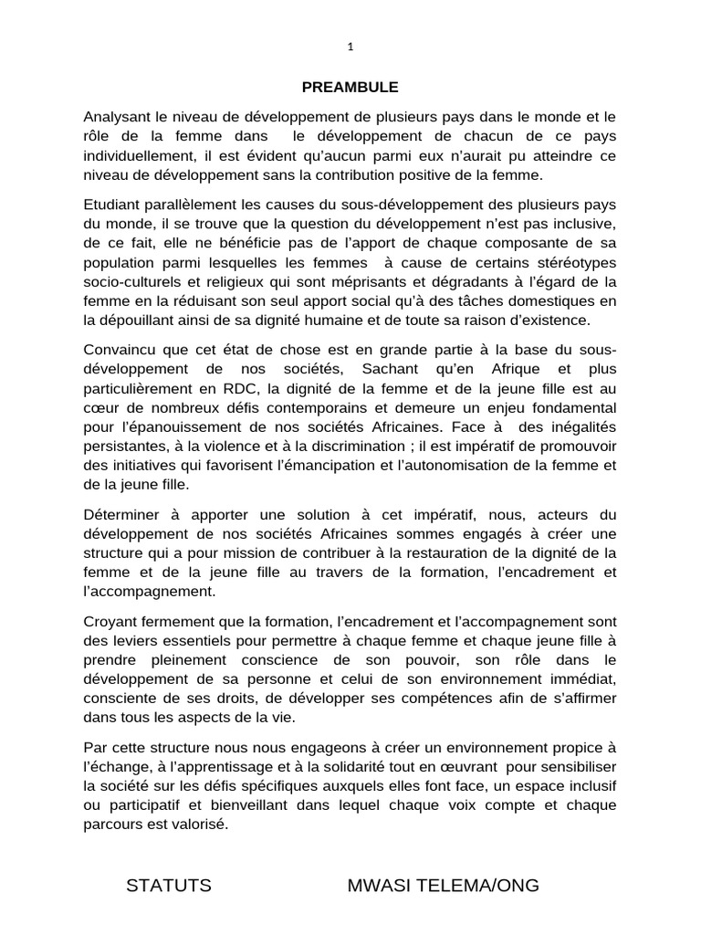 Emancipation des Femmes en RDC : MWASI TELEMA | PDF | La gestion des ...