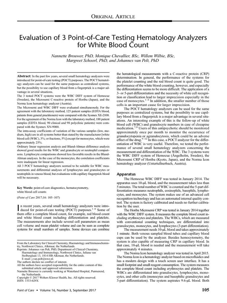 Icon 3 Evaluation of 3 Point of Care Testing Hematology Analyzers 2017 ...
