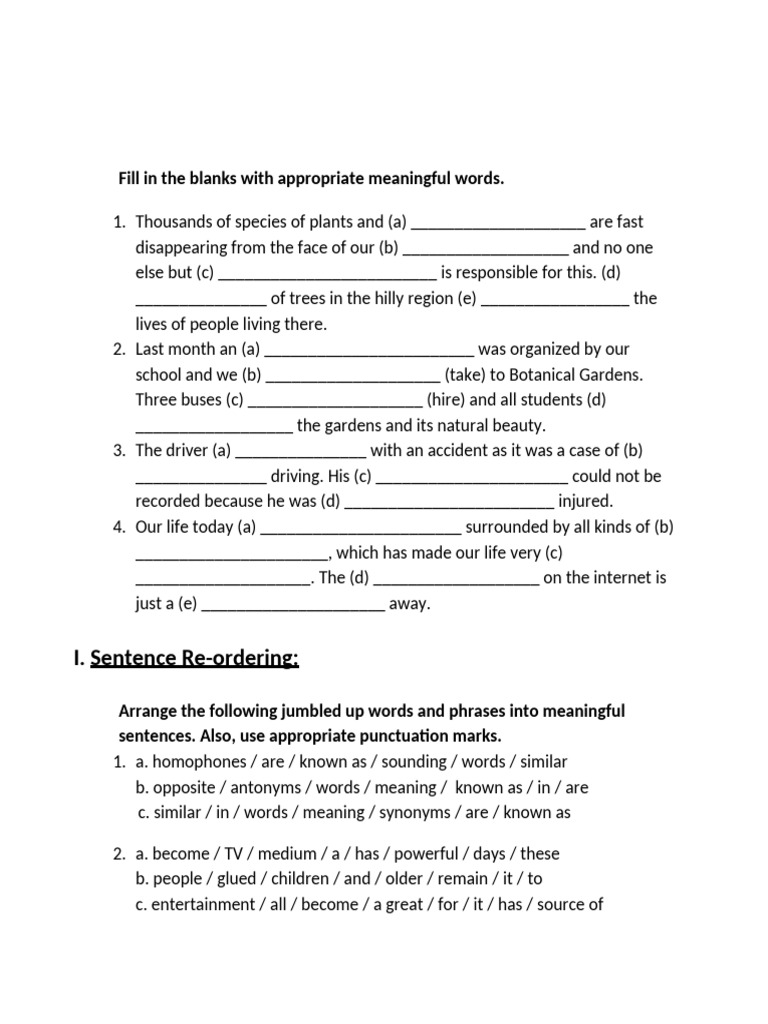 Fill-in-the-Blanks and Editing Exercises | PDF | Language Mechanics ...
