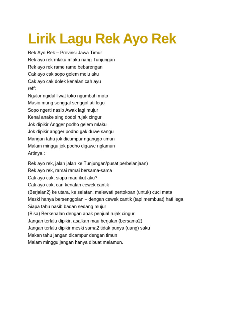 Lirik Lagu Daerah Rek Ayo Rek | PDF