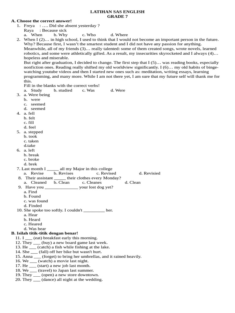 Grade 7 English Verb Exercises | PDF
