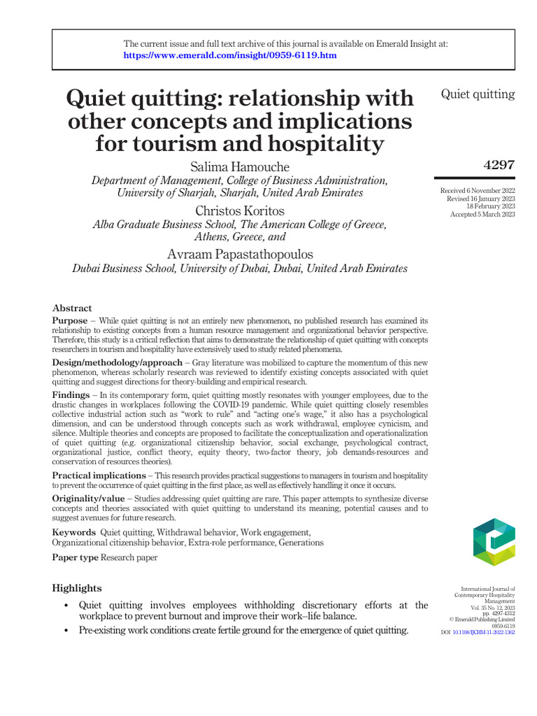 Quiet Quitting in Tourism and Hospitality | PDF | Occupational Burnout ...