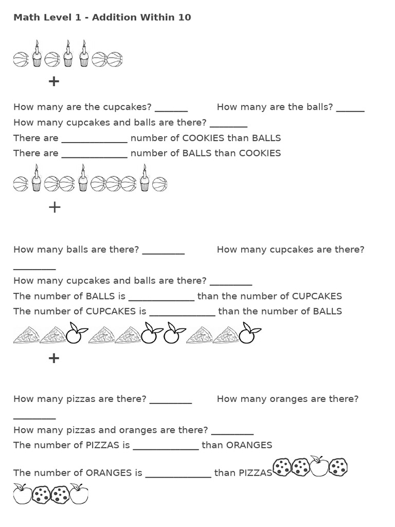 Math Level 1: Addition and Counting Activities | PDF | Soup | Foods