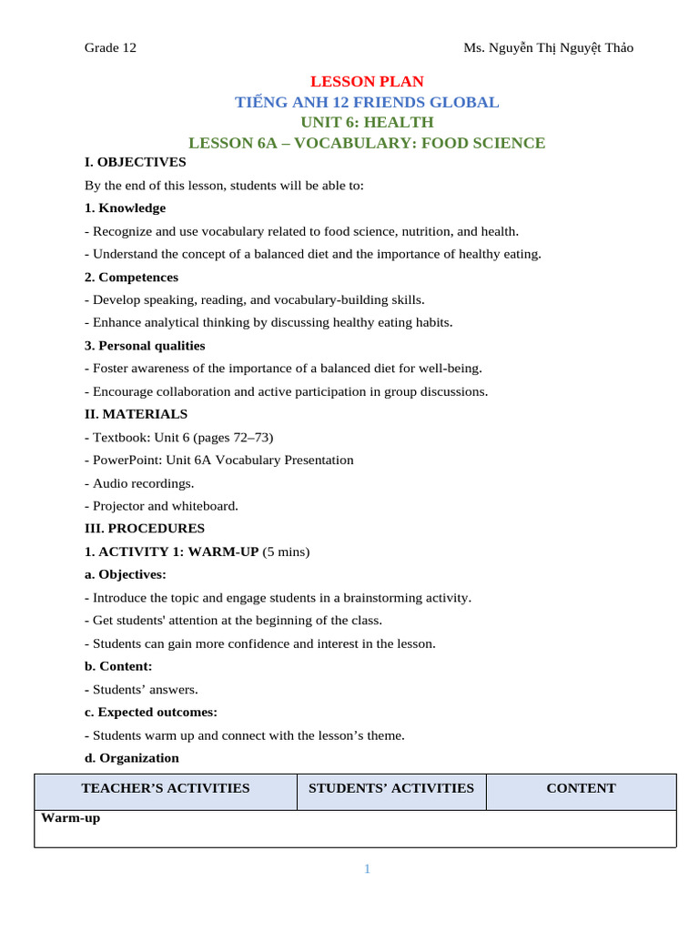 Food Science Vocabulary Lesson Plan | PDF | Obesity | Diet (Nutrition)