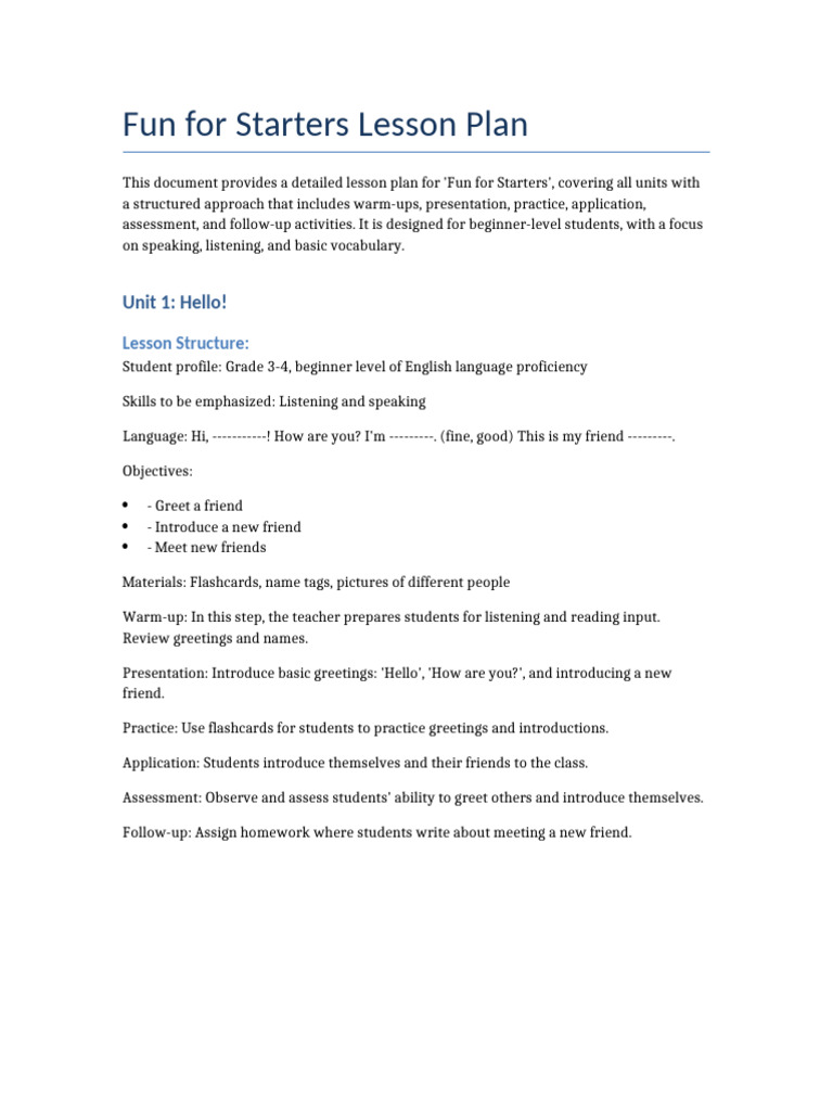 Fun For Starters Lesson Plan | PDF