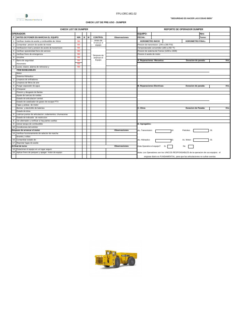Checklist Pre-uso para Dumper | PDF | Ingeniería mecánica