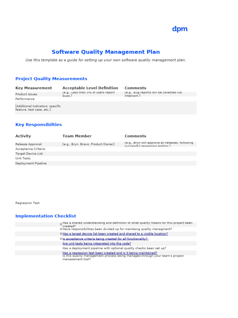 Template Quality Management Plan Pdf Software Unit Testing