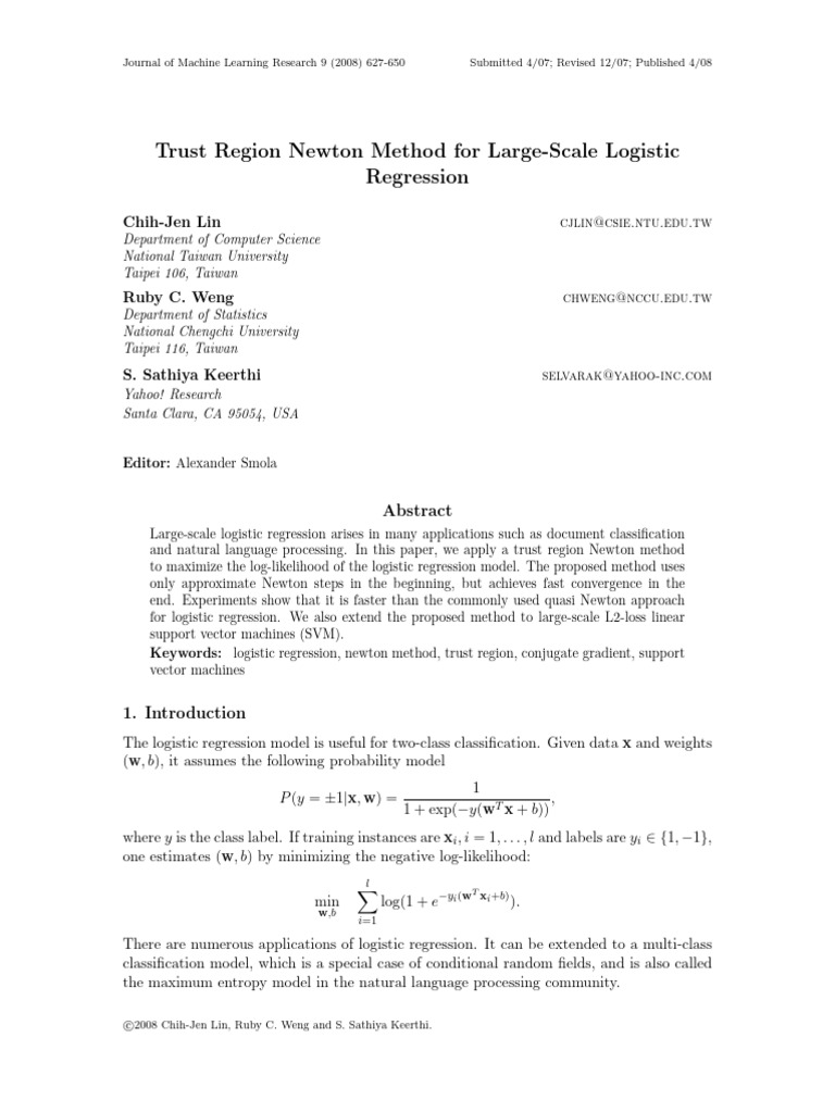 Trust Region Newton for Logistic Regression | PDF | Support Vector ...