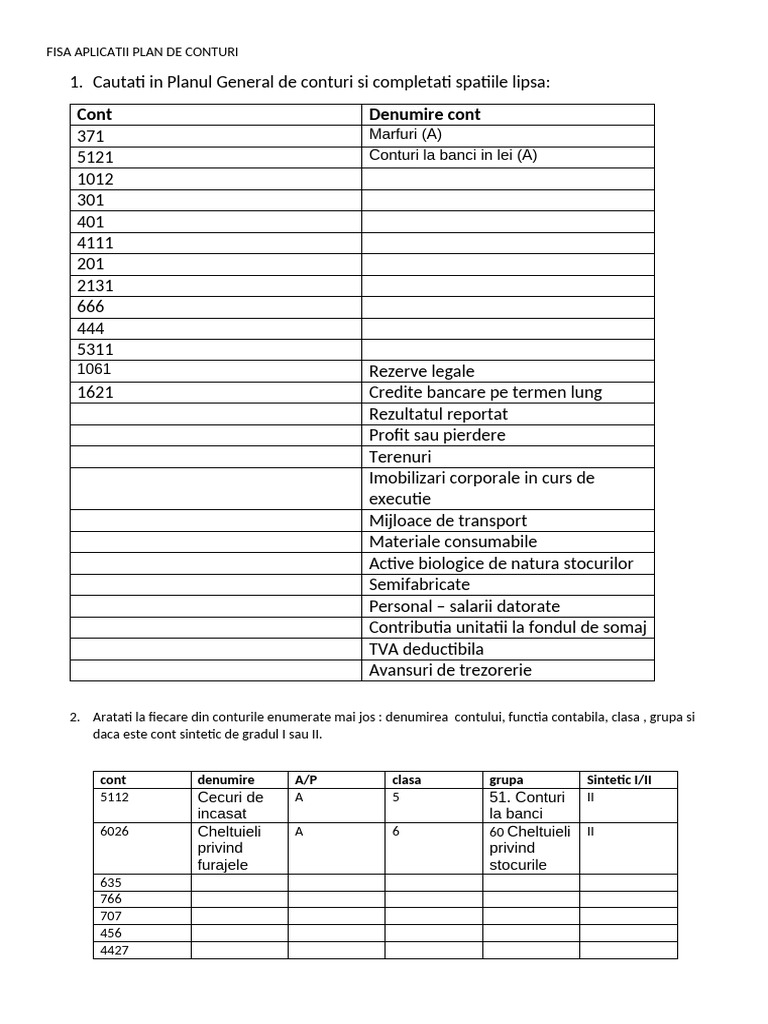Fisa Aplicatii Plan de Conturi | PDF