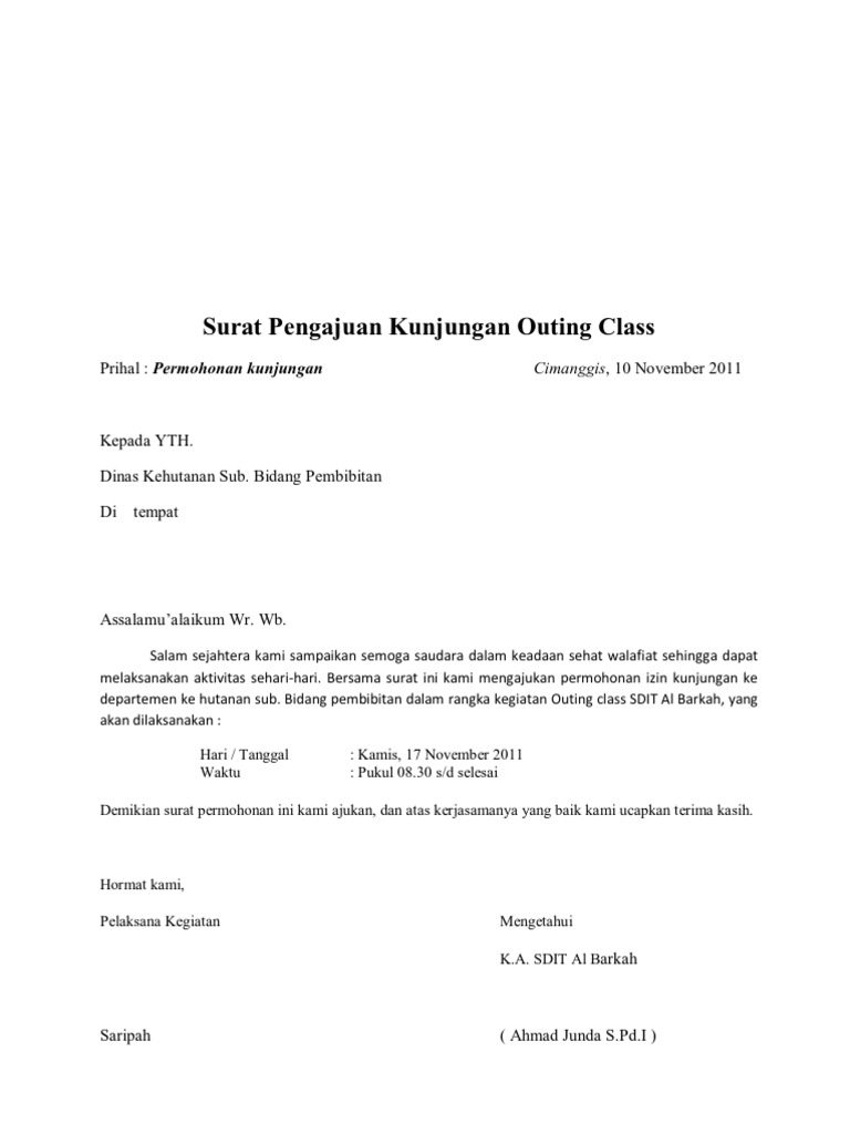 Surat Pengajuan Kunjungan Outing Class