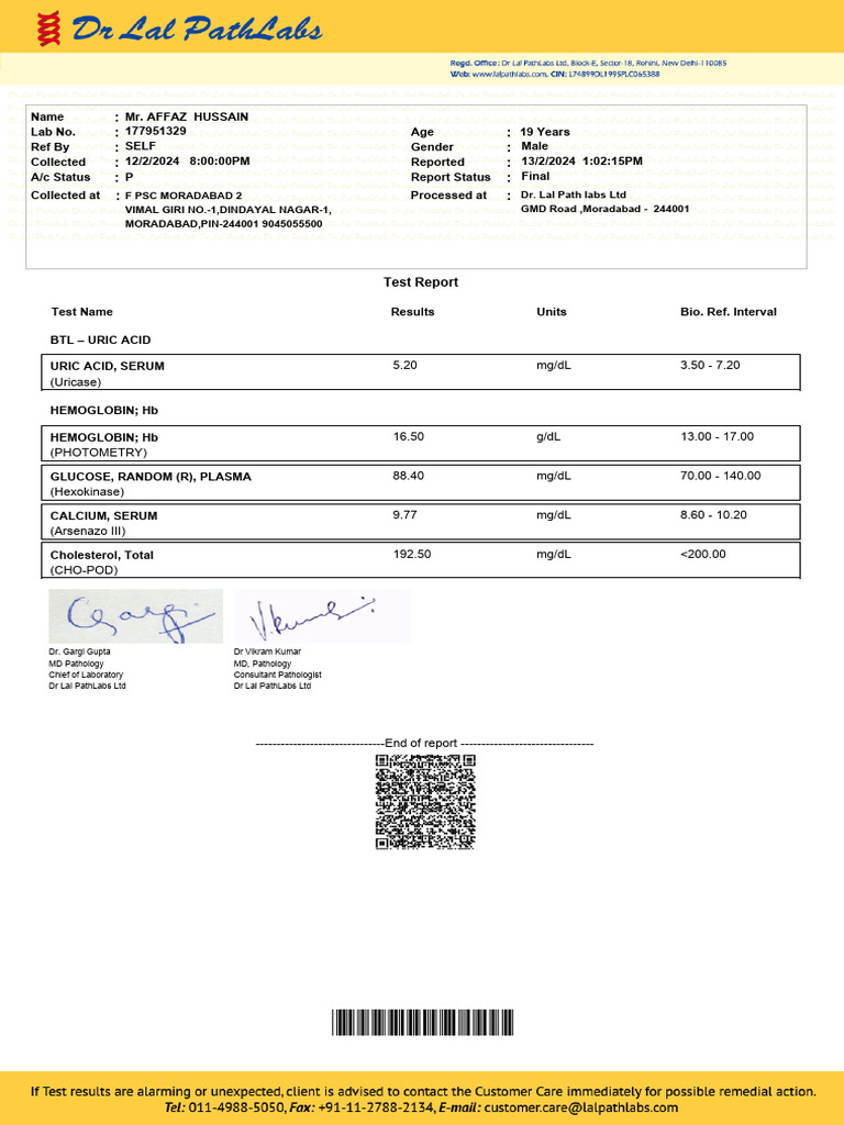 Lal PathLabs Test Report for Affaz Hussain | PDF | Medical Specialties ...