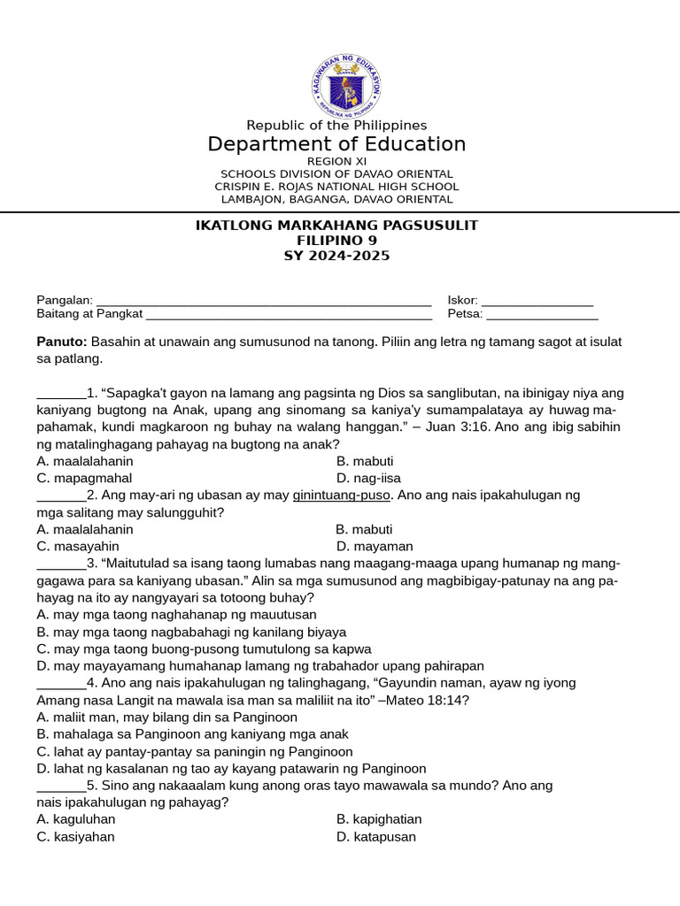 Filipino 9 3rd Quarter Periodical Exam | PDF