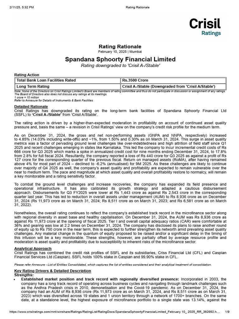 Spandana Sphoorty Credit Rating Downgrade | PDF | Damages | Corporate ...