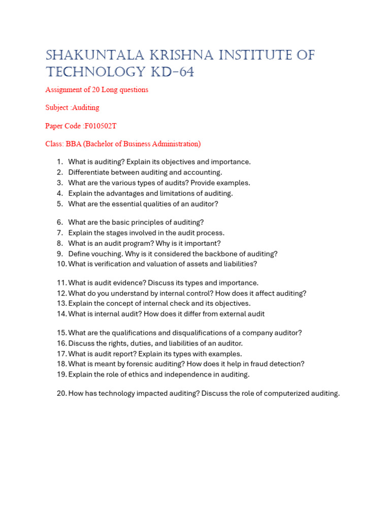 Assignment of Auditing BBA 5 Semester | PDF