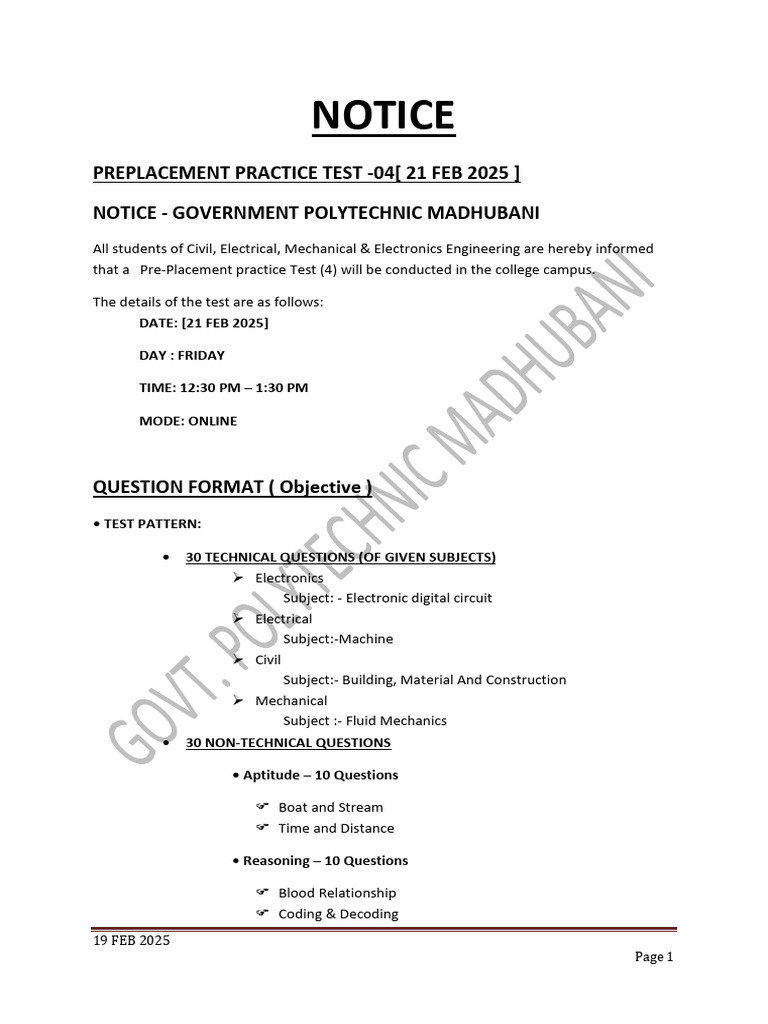 Pre-Placement Test Notice 2025 | PDF