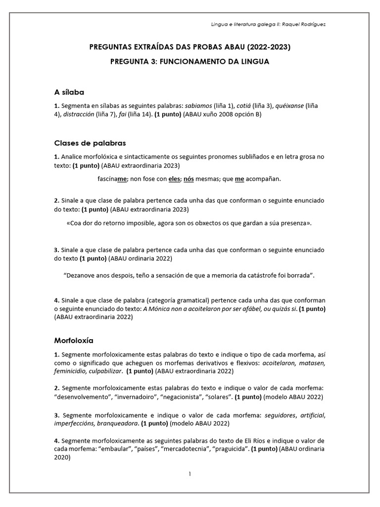 Preguntas Extraídas Das Probas Abau - Morfoloxía | PDF