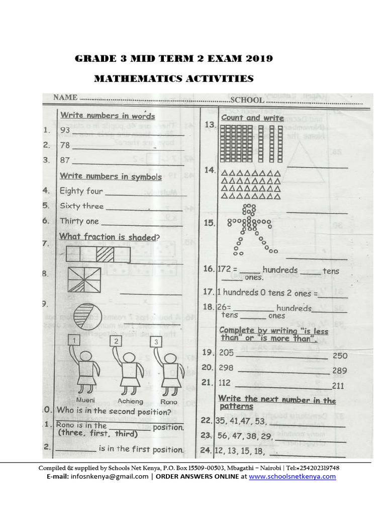 Grade 3 Mid Term 2 Maths Exam 2019 | PDF