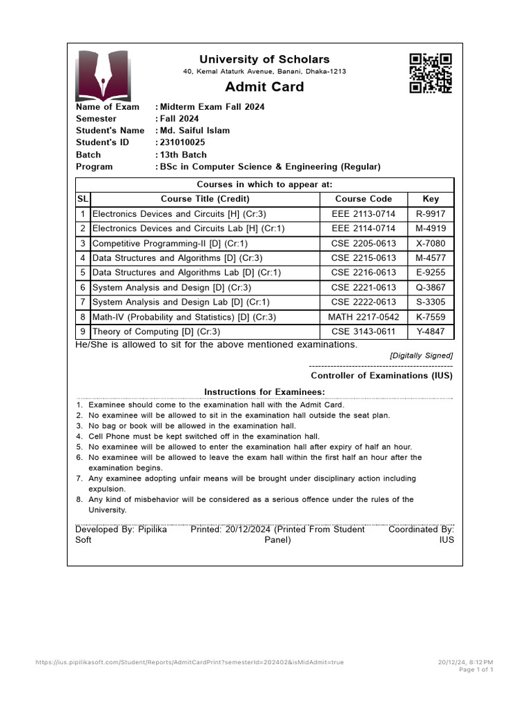 Midterm Exam Admit Card Fall 2024 | PDF | Computing | Computer Science