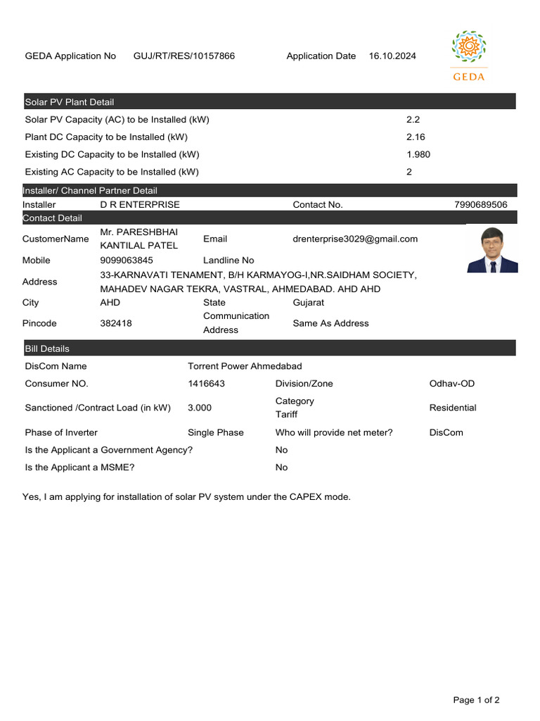 Solar PV Installation Application Gujarat | PDF | Photovoltaic System ...