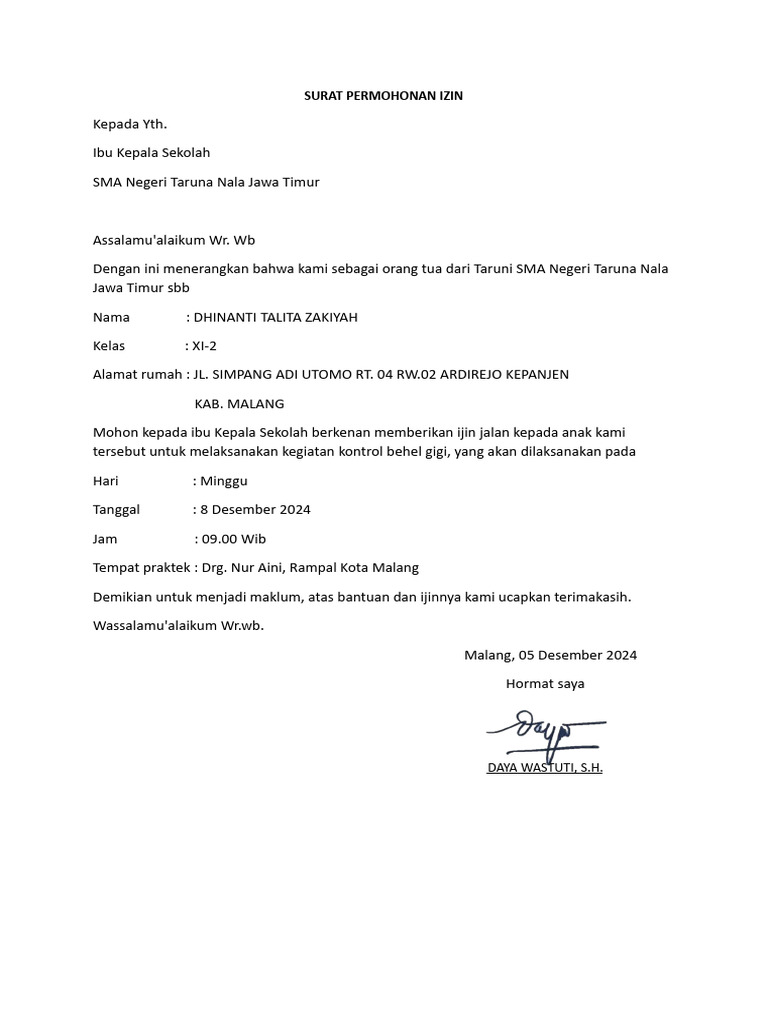 Surat Izin Kontrol Behel Siswa | PDF