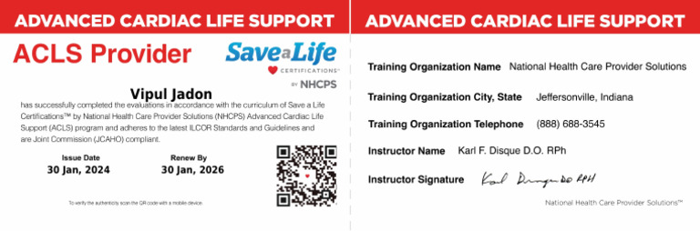 Acls Advanced Cardiac Life Support Certification Course Card Pdf