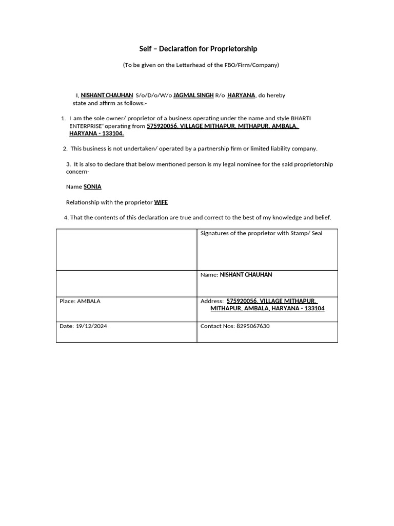 Sole Proprietorship Declaration Format | PDF