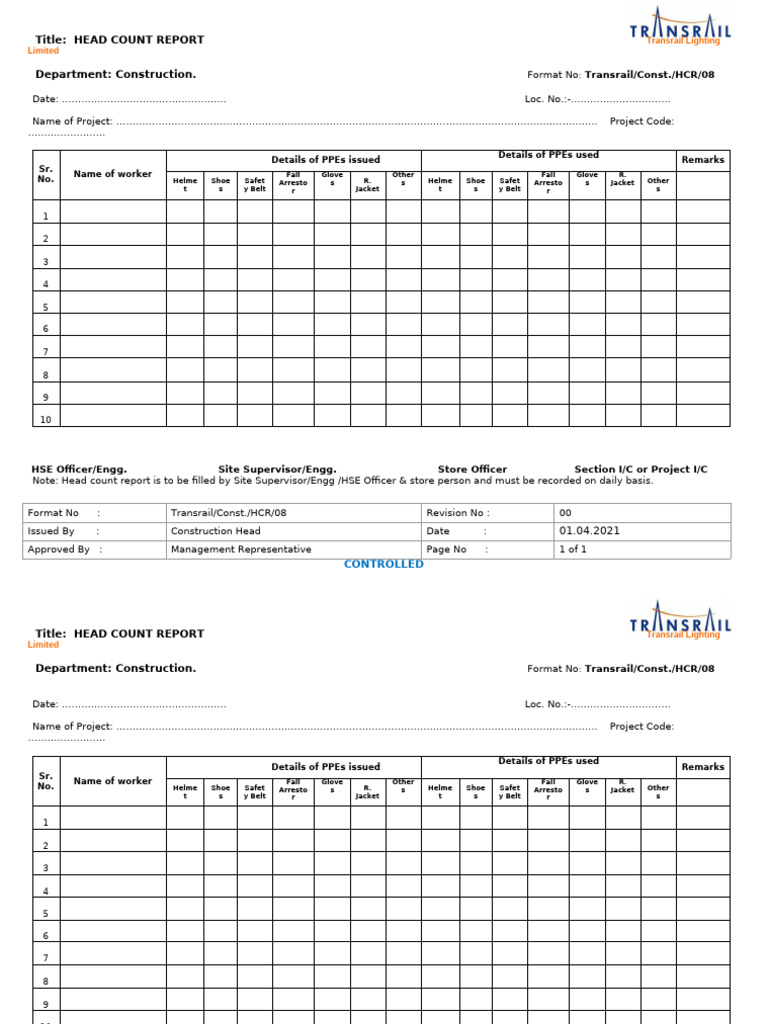 Head Count Report | PDF | Personal Protective Equipment | Working ...