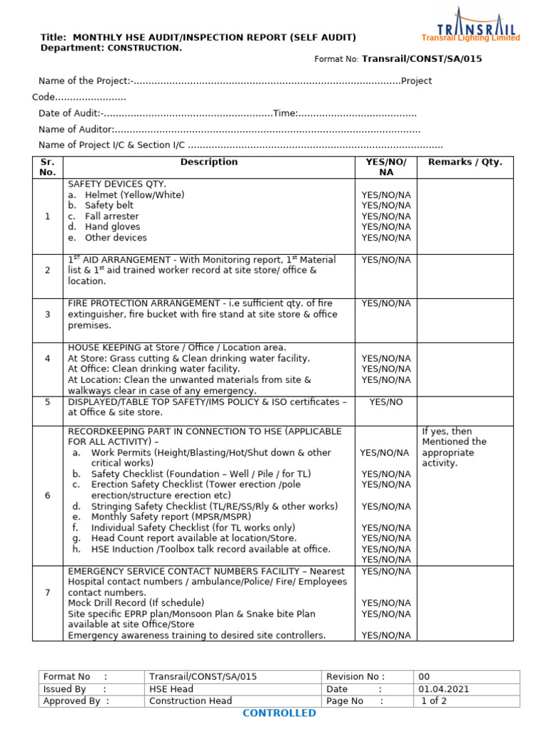 Self Audit Inspection Report | PDF