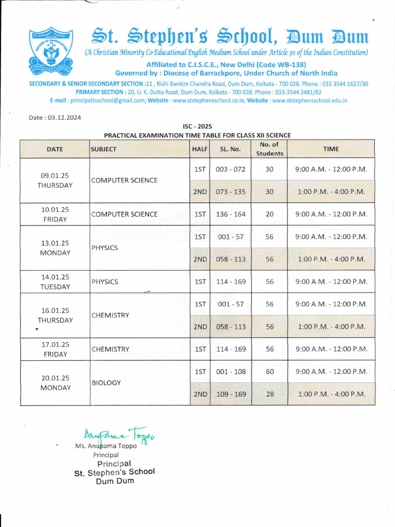Practical Examination Time Table | PDF