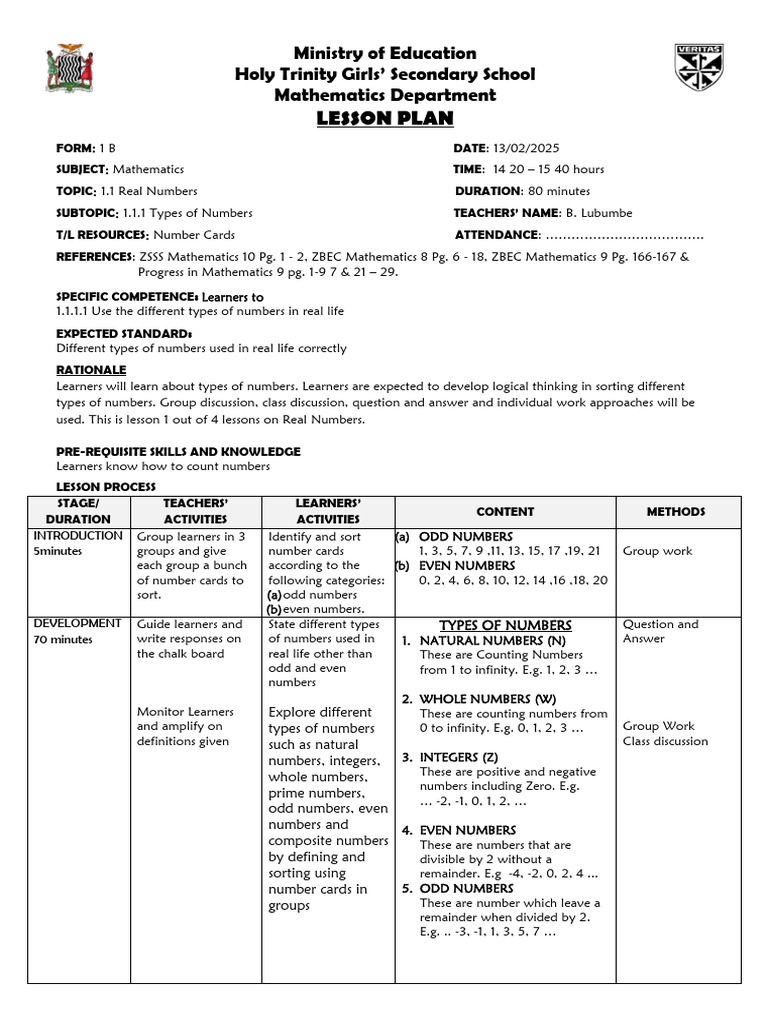 Types of Real Numbers Lesson Plan | PDF | Integer | Prime Number