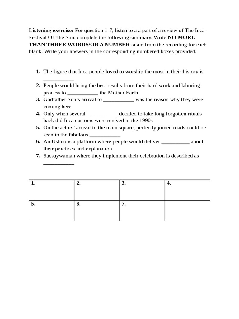 Inca Festival Listening Exercise Summary | PDF