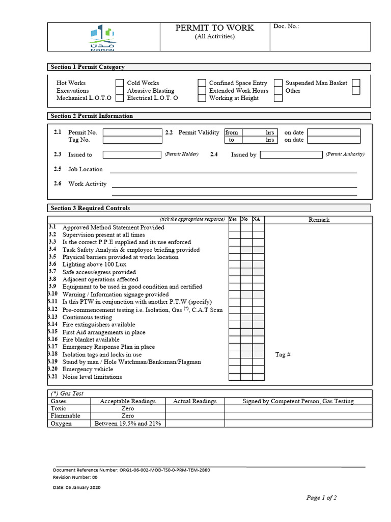 Permit to Work Template for Safety Compliance | PDF | Safety ...