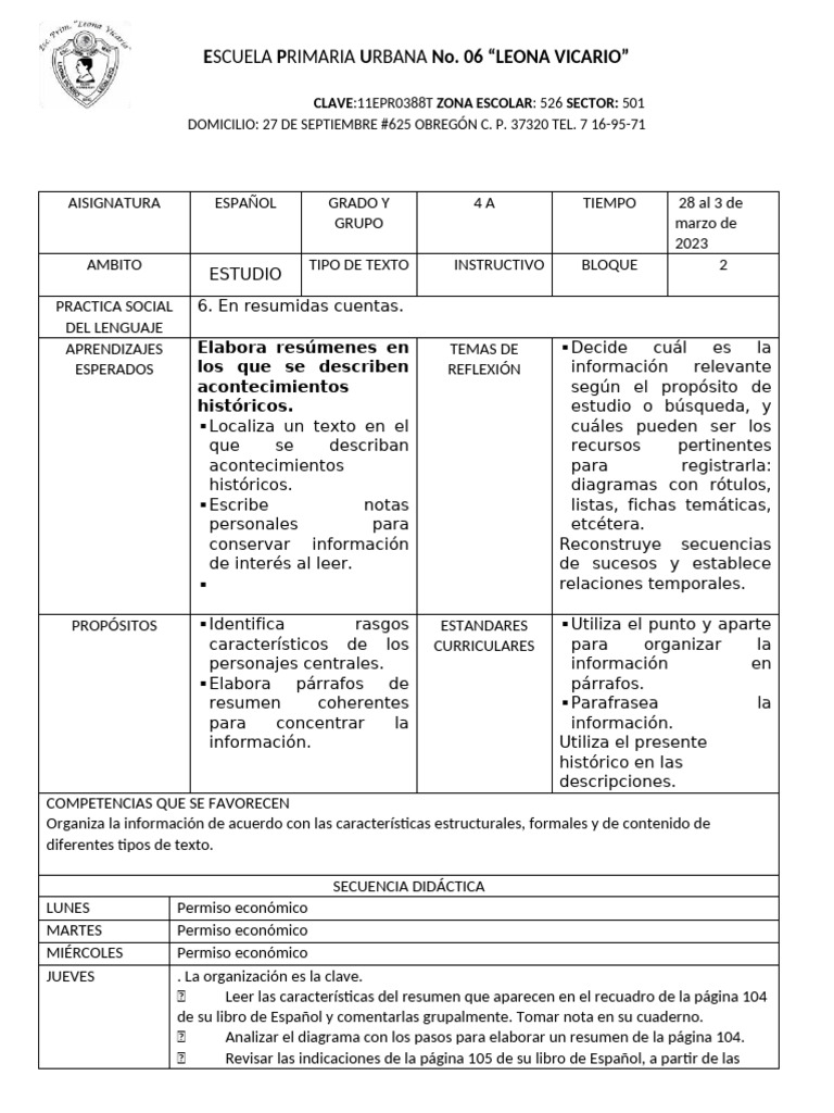 Plan de Clases 4° Grado Primaria | PDF