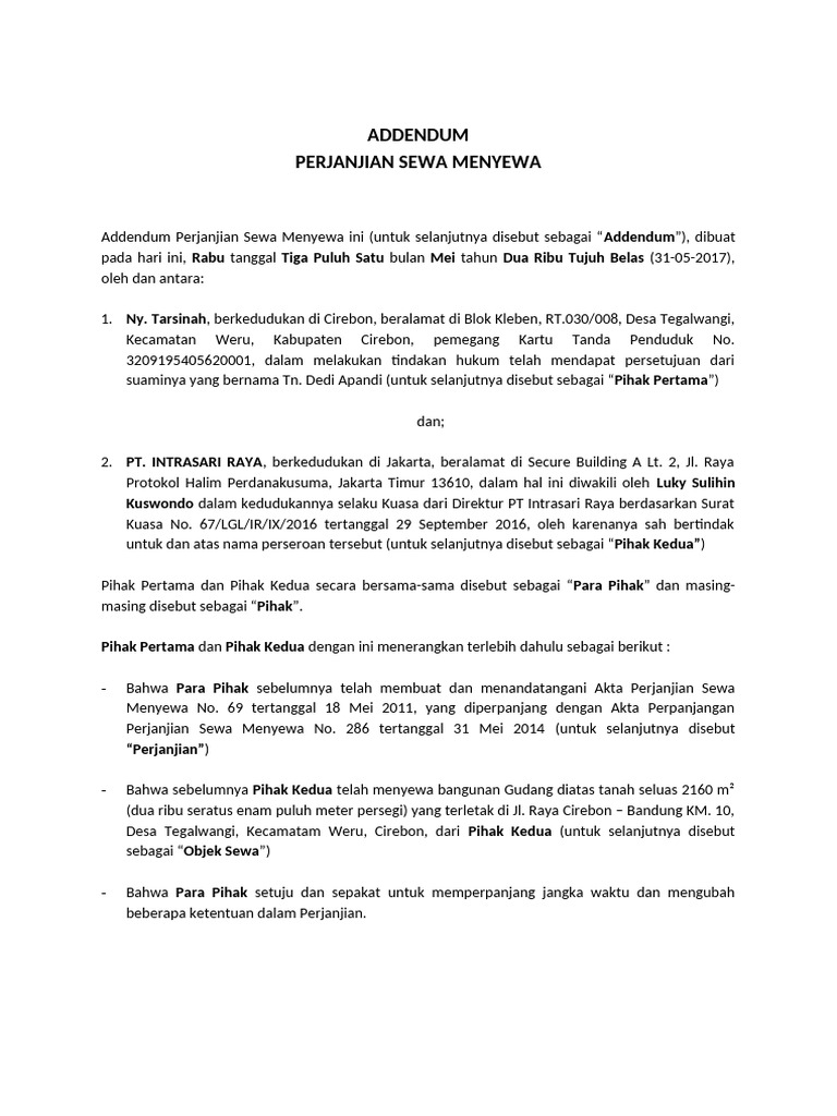 Addendum Perjanjian Sewa Menyewa 2017 | PDF