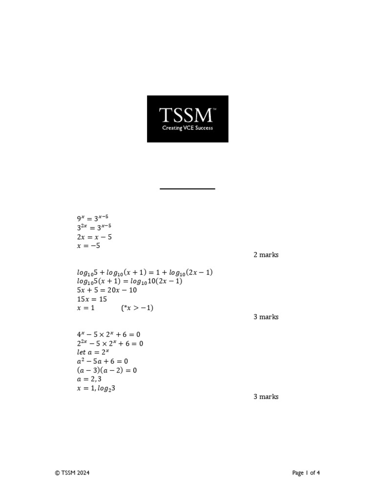 Maths Methods 2024 Unit 2 Trial Exam 1 Solutions | PDF | Mathematics