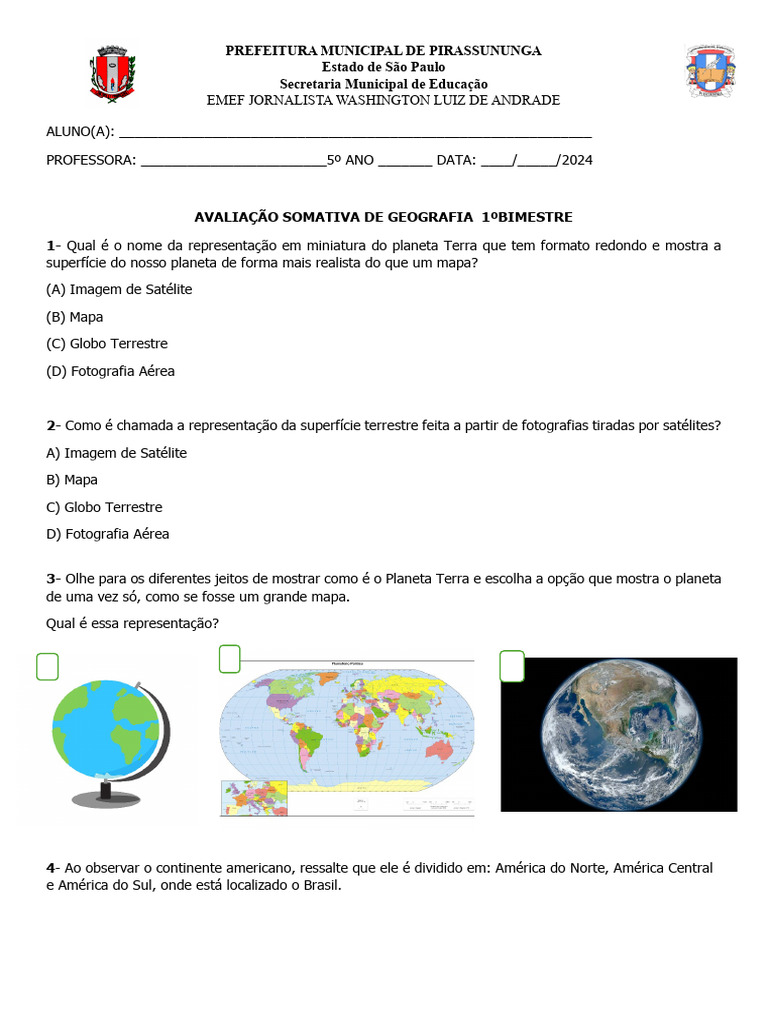 Avaliação de Geografia 5º Ano Pirassununga | PDF | Continente | Américas