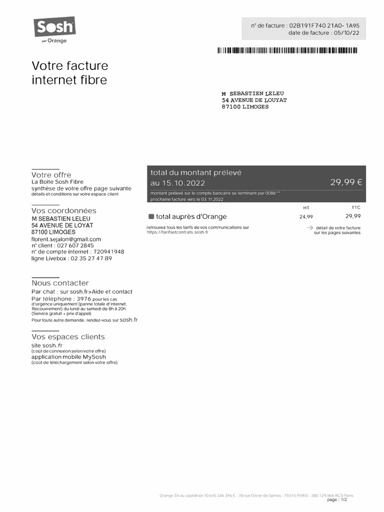 Facture Internet Fibre Sosh - Octobre 2022 | PDF | Télécommunications