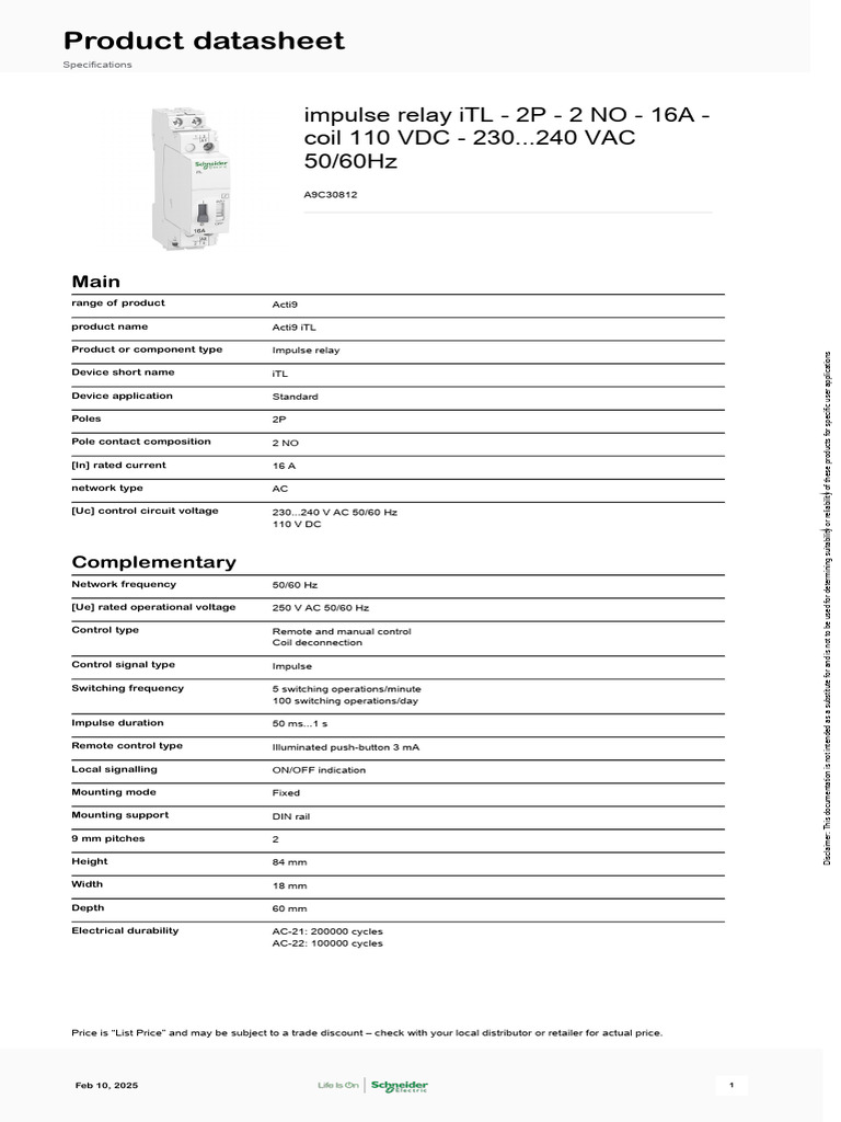 Acti9 iTL Impulse Relay A9C30812 Specs | PDF | Relay | Alternating Current