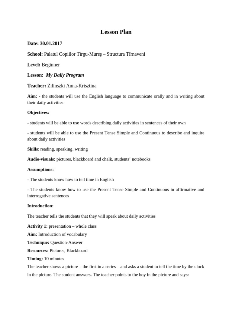 Beginner Lesson Plan: Daily Activities | PDF | Communication | Linguistics